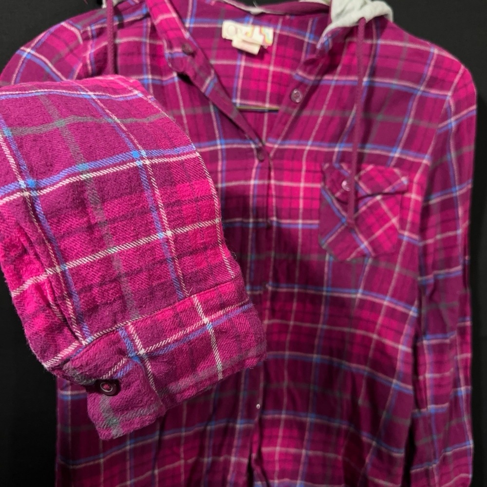 Op Ocean Pacific Women's Small 3/5 Pink & Gray Plaid Lightweight Flannel‎ Shirt - Picture 4 of 12